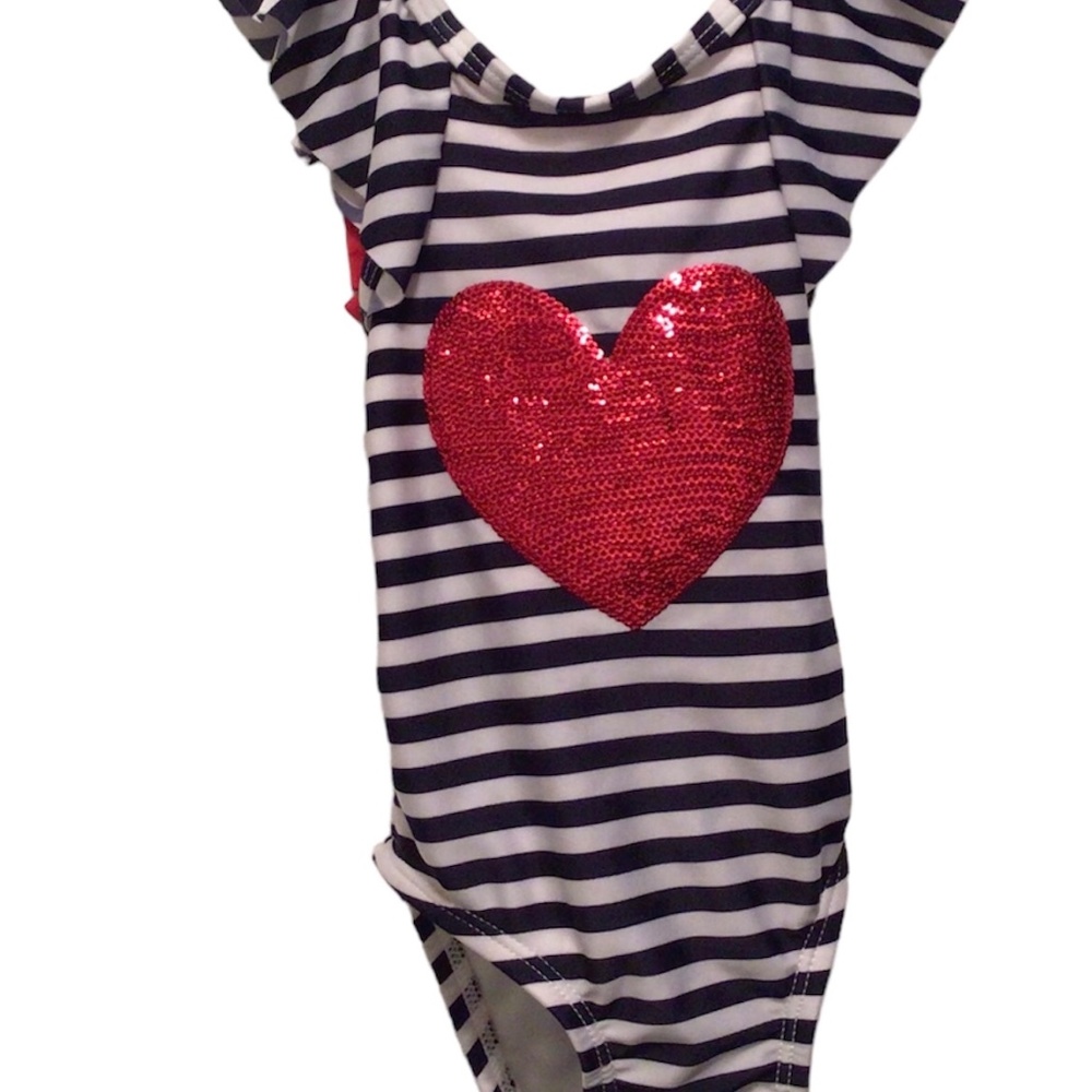 Cat & Jack 1 PC Swim Suit Girls 12 Mos Striped Blue White Ruffle Sequins Heart